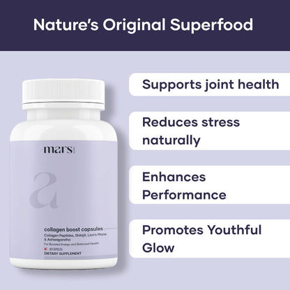 Mars Collagen Boost Capsules Powered with Tri-Peptides, Shilajit, Ashwagandha & Lion's Mane – Skin, Joint, and Brain Health Support (60N)